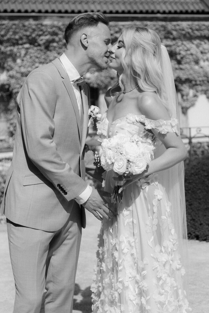 Bride and the groom after the ceremony in Vrtba Garden.