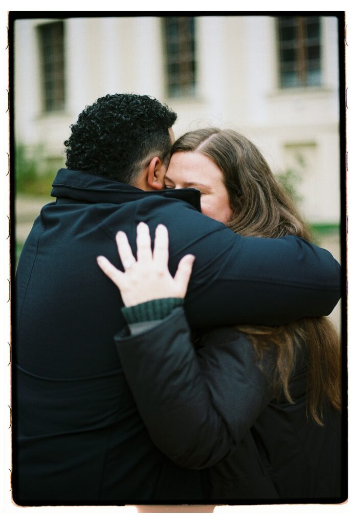 Couple few moments after proposal in Prague castle captured on film by Lucie Muse