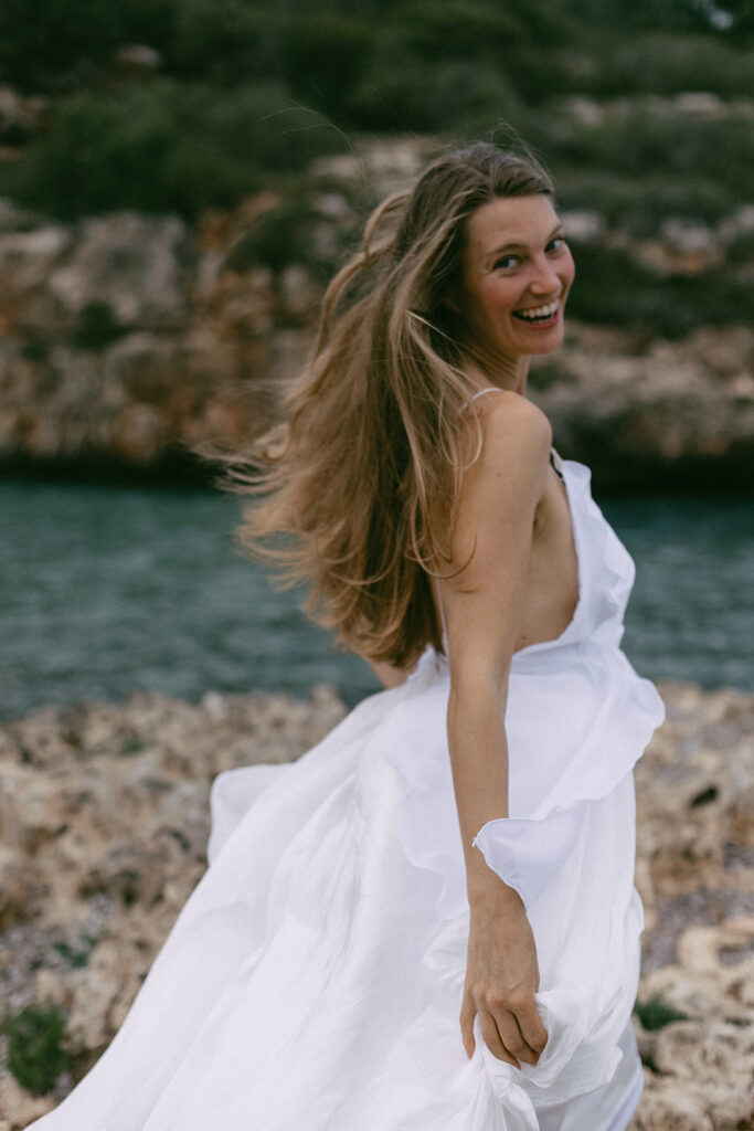 Bride smiling on the beach in Mallorca