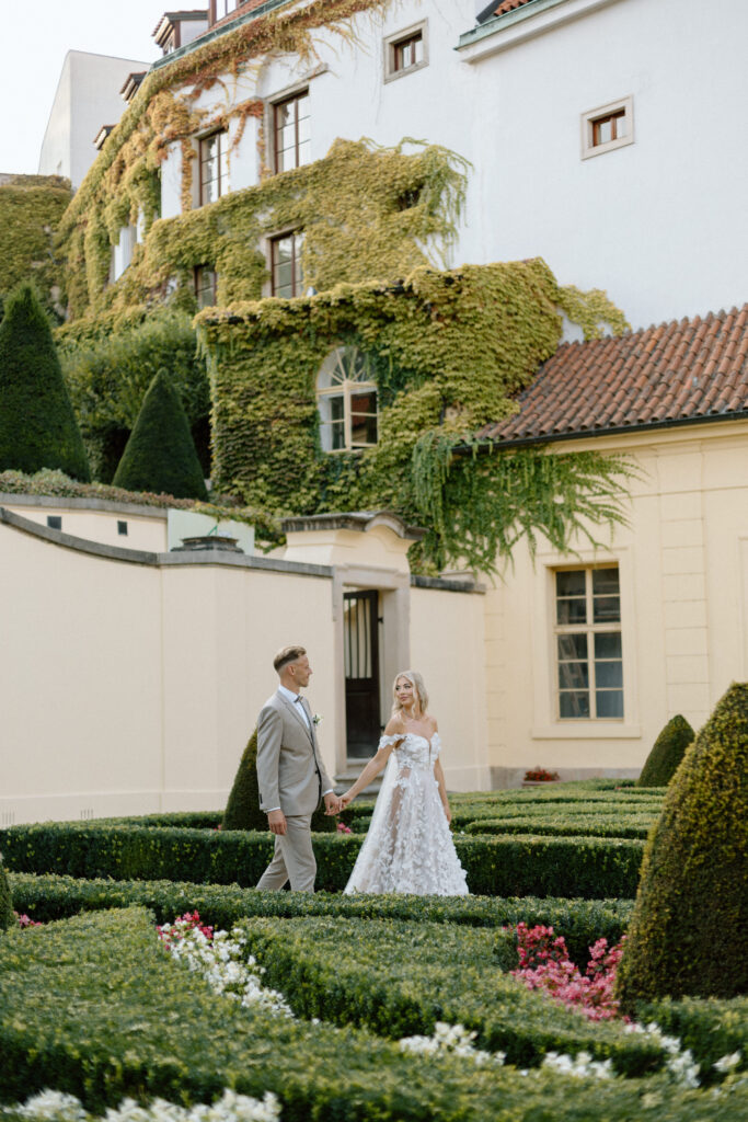 Quiet Prague elopement ceremony in a hidden garden in the city center