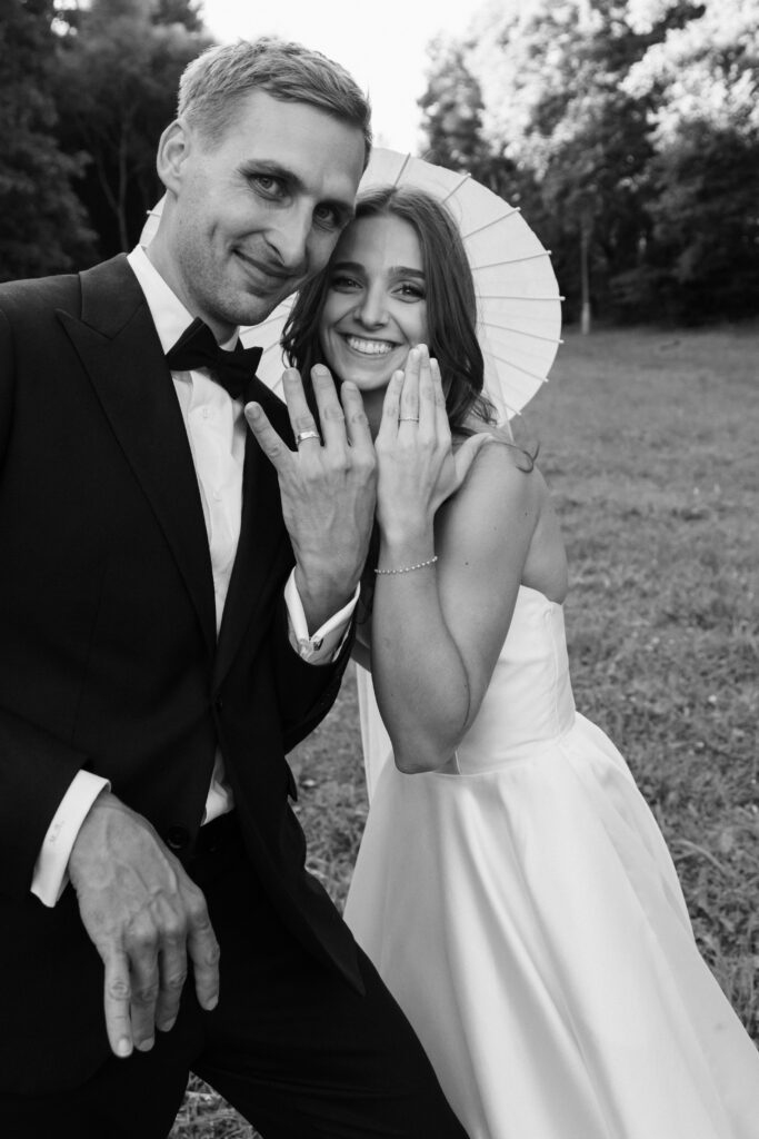Playful flash photography of the bride and the groom after their luxury wedding ceremony