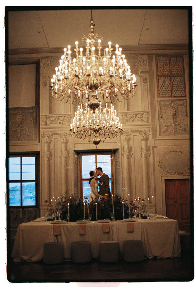 film wedding photography of bride and groom on their wedding day in prague